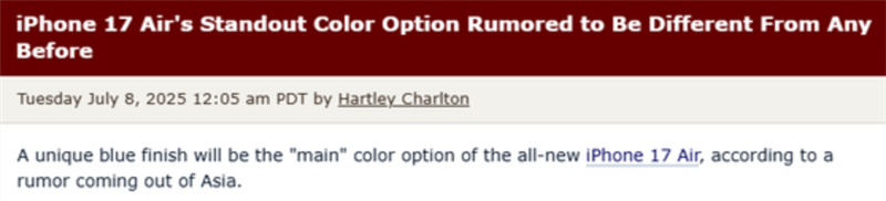 接替远峰蓝!iPhone 17 Air新配色曝光:淡雅蓝色调或成主打