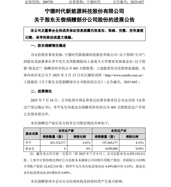 价值超11亿!复旦大学获赠宁德时代近1‰股票 手续已办完