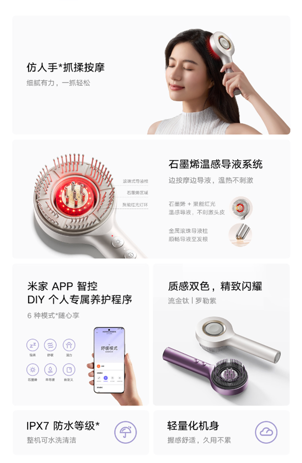 499元!小米众筹米家智能头部按摩梳:仿人手抓揉按摩 石墨烯温感导液