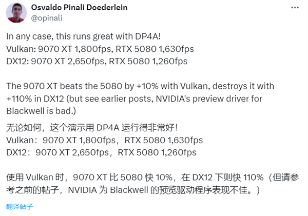 技术优化立竿见影！RX 9070 XT逆袭RTX 5080：DX12领先110%