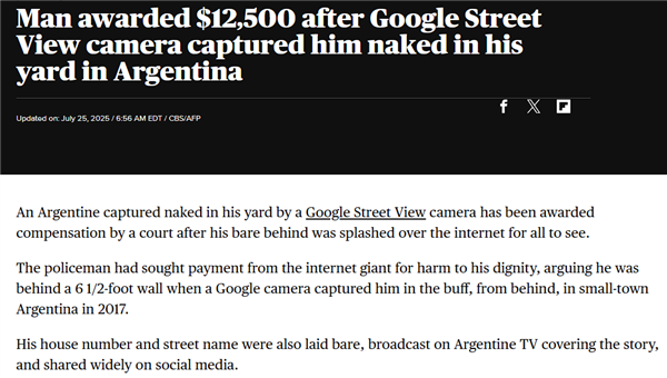 男子自家赤裸身体被谷歌街景拍下：判赔9万块