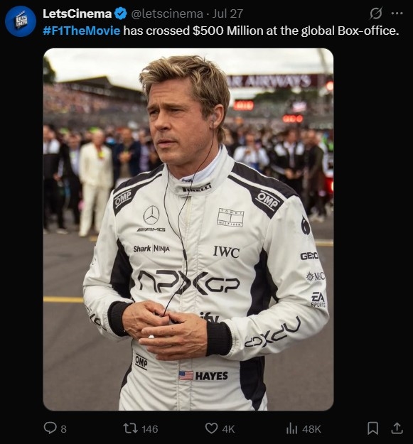 《F1：极速狂飙》全球票房突破五亿美元