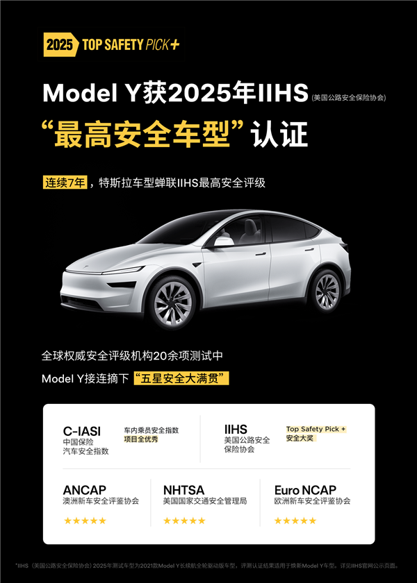 再次刷新安全成绩！特斯拉Model Y获“最高安全车型”认证
