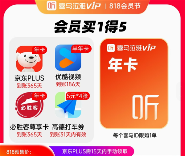 赠送京东Plus年卡等:喜马拉雅VIP会员年卡买1得5限时158元