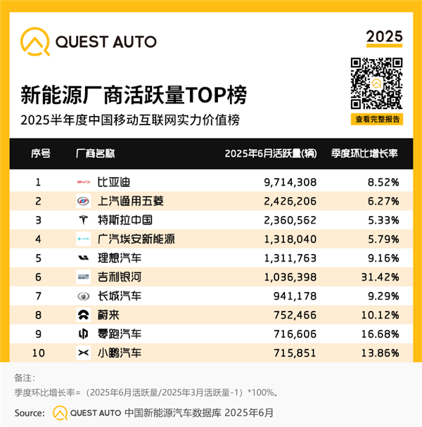 中国新能源汽车活跃量TOP 10出炉:特斯拉第三 吉利银河最猛